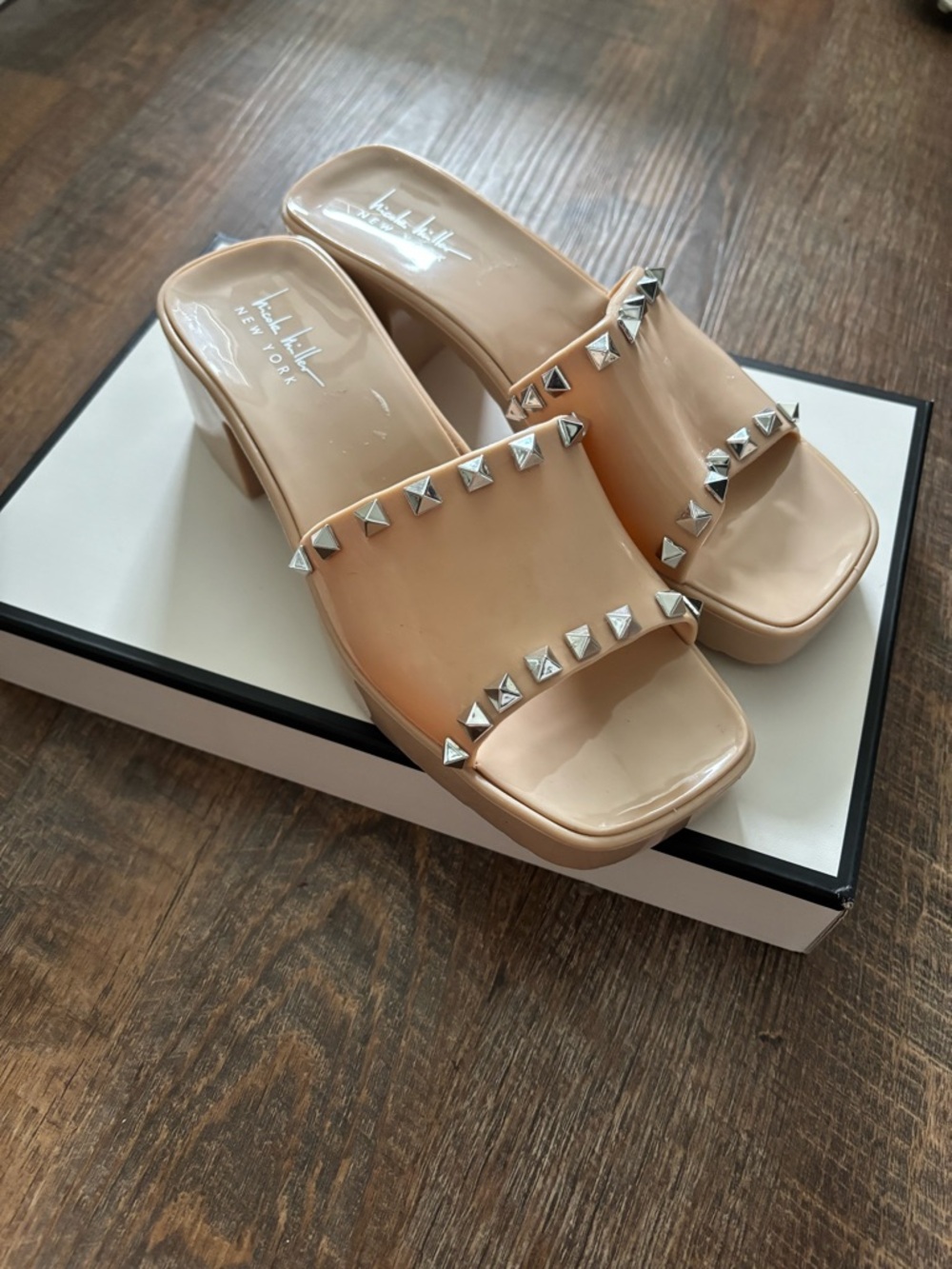 Neutral Nude Studded Block Heel Slide Sandals